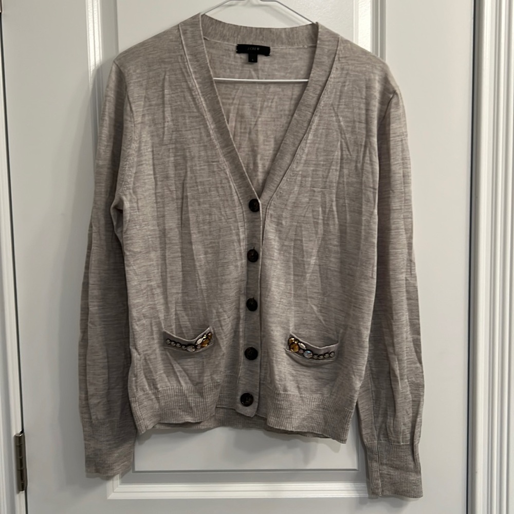 J. Crew Merino Wool Gray Cardigan w/ Tortoiseshell buttons & bejeweled pockets